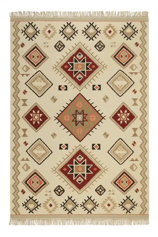 Kelim Teppich Creme Beige Rot aus Wolle "Brionne" Green Looop Heißes Angebot