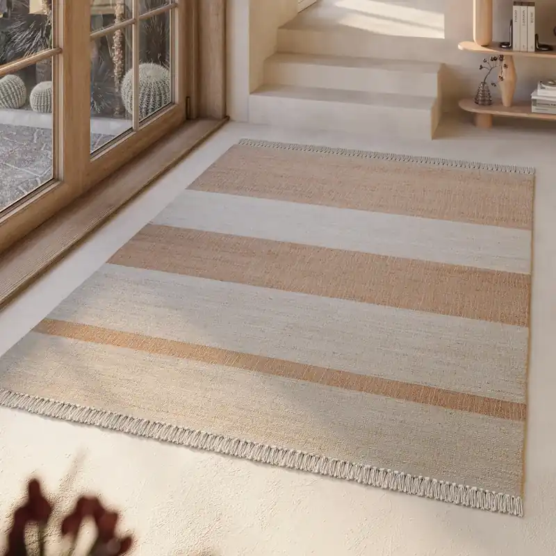 Sonderaktion Handwebteppich Creme Beige Cognac aus Naturfaser "Vante" Green Looop