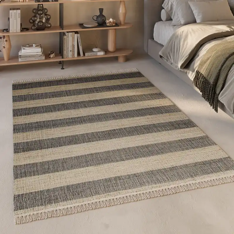Solange Der Vorrat Reicht Handwebteppich Beige Grün aus Naturfaser "Virgil" Green Looop