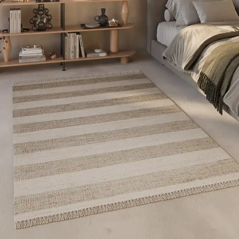 Sichere Zahlung Handwebteppich Beige Sand aus Naturfaser "Virgil" Green Looop