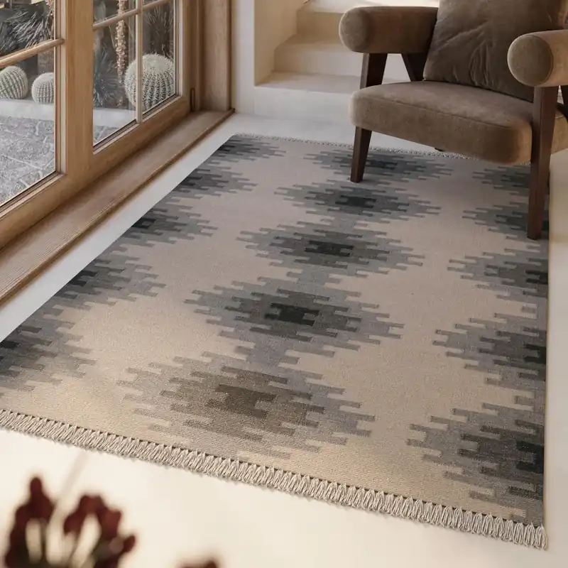 Finale Aktion Kelim Teppich Beige Grau aus Wolle "Belle" Green Looop