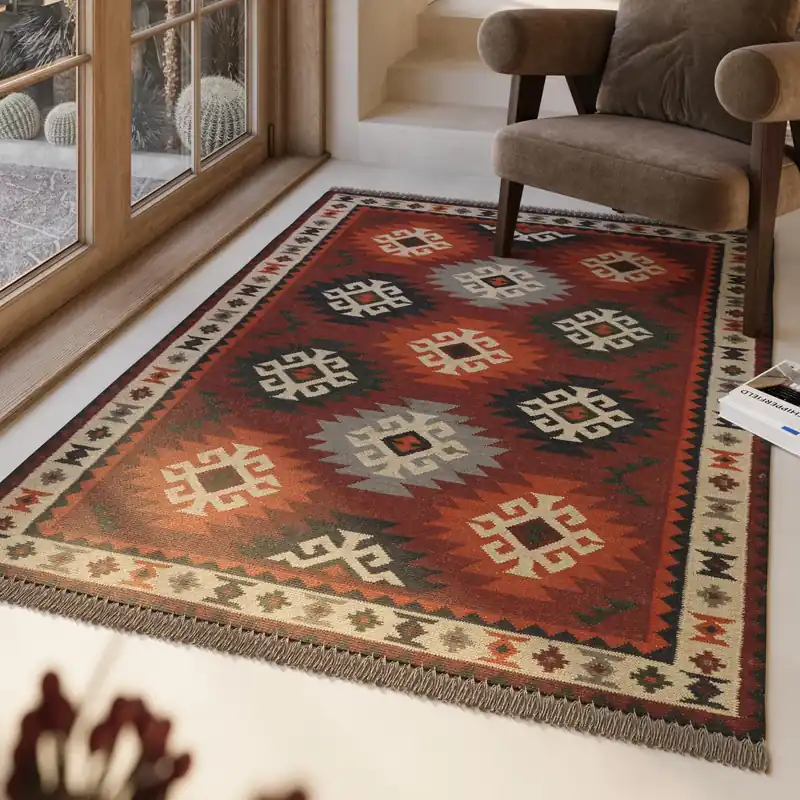 Neu Im Sortiment Kelim Teppich Rot aus Wolle "Blancard" Green Looop