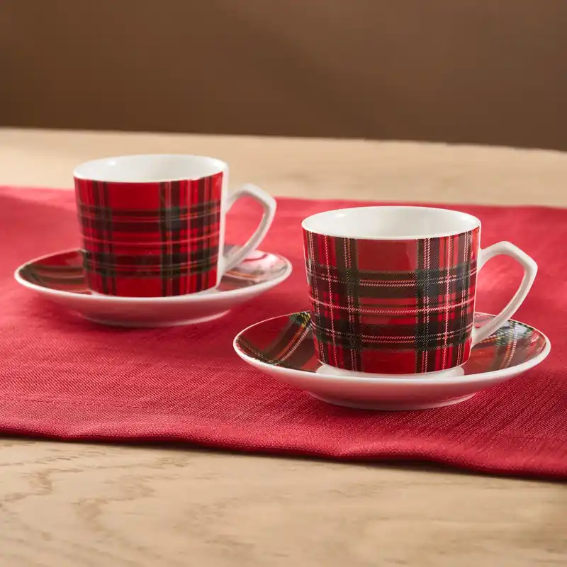 Aktuell Karaca Ekose V2 4-teiliges Bone China Espresso Türkisch-Kaffeetassen-Set für 2 Personen, 80 ml, Rot