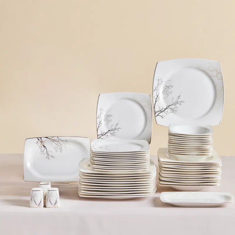 Sale Karaca Square Bone China Autumn 53-teiliges Tafelservice für 12 Personen, Weiß Mehrfarbig