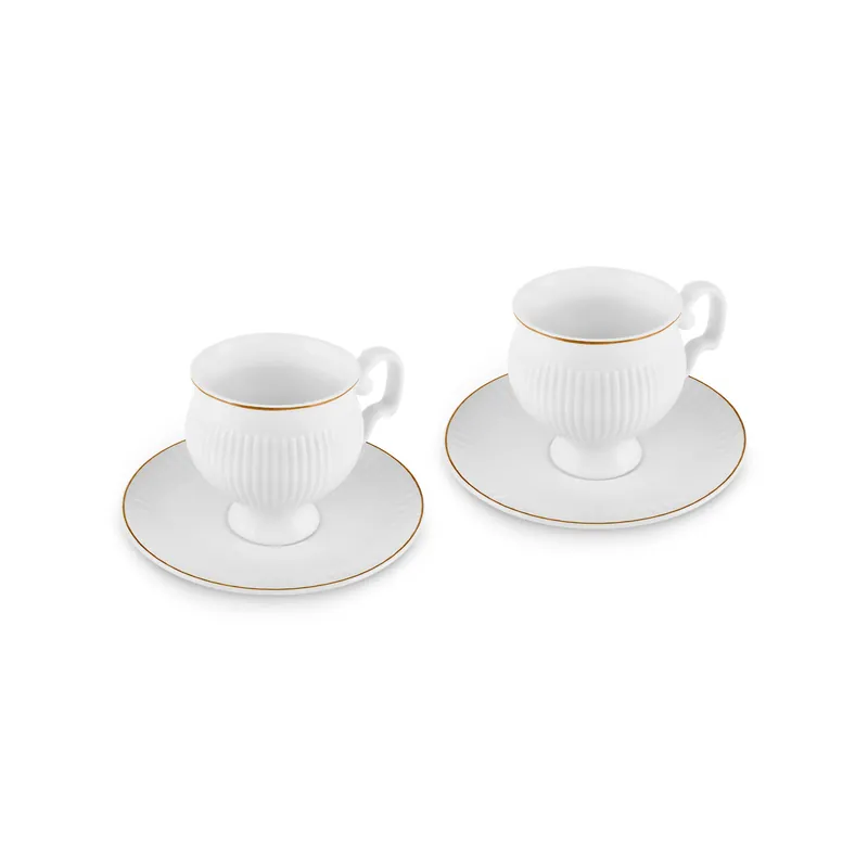 Billig Karaca Malta Bone-China Teetassen-Set mit Untertassen, 4-teilig, für 2 Personen, 210 ml, Gold-Weiß.